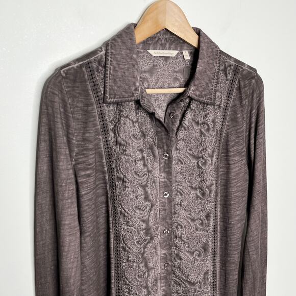 Soft Surroundings Womens Long Sleeve Button Up Shirt M Brown Floral Embroidery - Picture 3 of 8